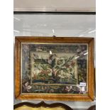 19th cent. Woolwork sampler depicting wild animals in jungle surrounds in a birds eye maple frame,