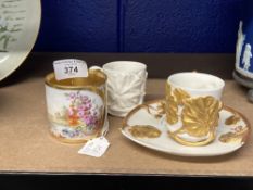 19th cent. Ceramics: Royal Worcester coffee cup and saucer, ivory ground decorated with embossed