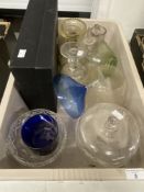 20th cent. Glass: Six whisky glasses by Thomas Webb, boxed. Three ring neck sherry decanter with