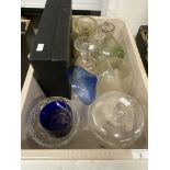 20th cent. Glass: Six whisky glasses by Thomas Webb, boxed. Three ring neck sherry decanter with