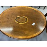 19th cent. Mahogany oval tripod table with inlay plus Edwardian mahogany rectangular side table.