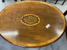 19th cent. Mahogany oval tripod table with inlay plus Edwardian mahogany rectangular side table.