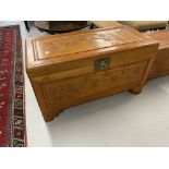 20th cent. Chinese hardwood chest the panels carved with bamboo relief on step bracket supports.