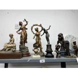 20th cent. figurines, Spelter and composite, three large, two medium, three small. Lead messenger