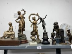 20th cent. figurines, Spelter and composite, three large, two medium, three small. Lead messenger