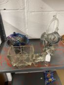 20th cent. Glassware: Pony and cart flower holder, end of day basket, blue carnival glass stemmed