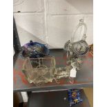 20th cent. Glassware: Pony and cart flower holder, end of day basket, blue carnival glass stemmed