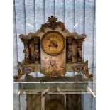 Clocks: Early 20th cent. French ceramic mantel clock with cloisonne columns and inset decoration.