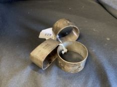 Hallmarked Silver: Napkin rings (3), two hallmarked London and one Birmingham. Weight of the three