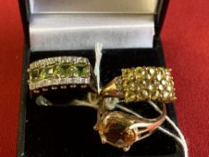 Hallmarked Jewellery: Three 9ct. gold rings, one set with citrine, one set with yellow sapphires and