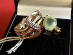 Hallmarked Jewellery: Two hallmarked 9ct. gold rings, one set with a rectangular jade with a diamond