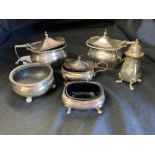 Hallmarked Silver: Condiments, three mustard pots, two salts and one pepper pot. Hallmarked London