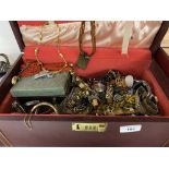 Jewellery box containing costume jewellery and a set of silver plated coffee spoons.