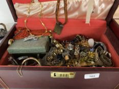 Jewellery box containing costume jewellery and a set of silver plated coffee spoons.