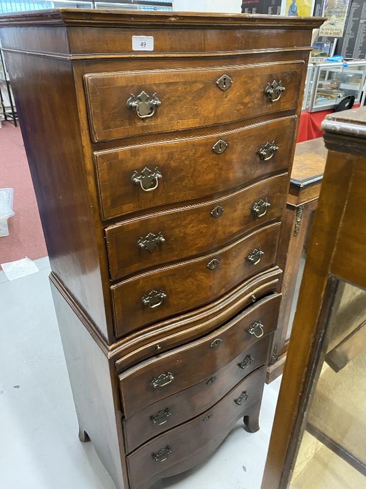 20th cent. Walnut veneer dwarf chest on chest with brushing slide. 24in.