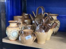 Doulton Lambeth: Salt glaze hunting jug with applied crest City of Glasgow, plus brown salt glaze