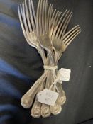 Hallmarked Georgian Silver Flatware: Nine table forks, all Kings pattern handle, all dated 1784.