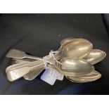 Hallmarked Georgian Silver Flatware: Nine dessert spoons, Old English pattern, mixed dates,