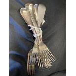 Hallmarked Georgian/Victorian Silver Flatware: Seven table forks, Old English pattern, mixed