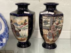 Ceramics: 19th cent. Japanese vases, cobalt blue ground decorated with Geishas panels. 10ins. One