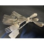 Hallmarked Georgian Silver Flatware: Seven dessert forks, Old English pattern, mixed dates. Total