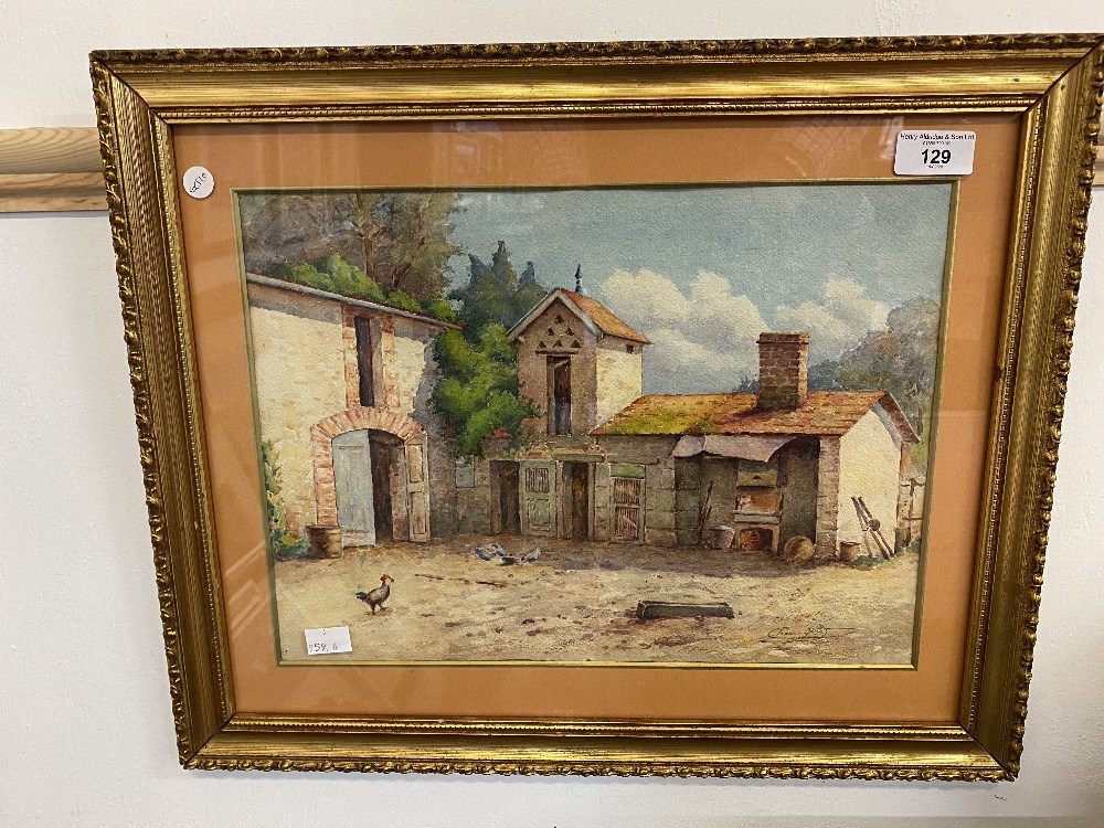 20th cent. French School watercolour of a rustic farmyard. 14in. x 10in.