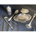 Hallmarked Silver: 19th cent. and later to include rum label, tea strainer, etc. 6oz.