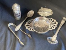 Hallmarked Silver: 19th cent. and later to include rum label, tea strainer, etc. 6oz.