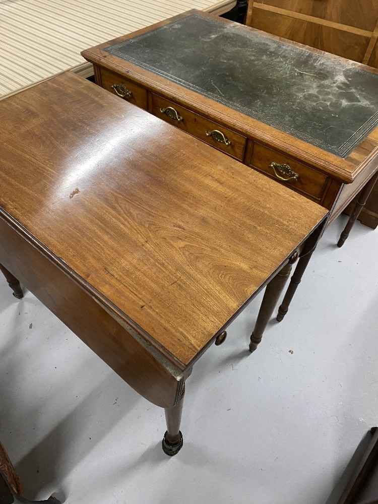 Edwardian oak writing desk with leather skiver, one leg A/F. Plus a Victorian mahogany drop leaf