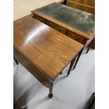 Edwardian oak writing desk with leather skiver, one leg A/F. Plus a Victorian mahogany drop leaf