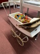 Toys: Mid 20th cent. Leeway two tone pram plus Fisher Price treen Looky Chug Chug Train and unmarked