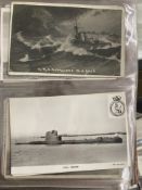 Postcards: Album of WWI and later cards, mostly warships including some submarines. Approx. 220.