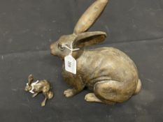 20th cent. Brass figure of a crouching hare 6ins. and a smaller model of a March hare 2½in.