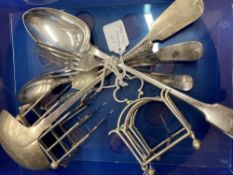 Plated Ware: Silver plated flatware, and two toast racks.