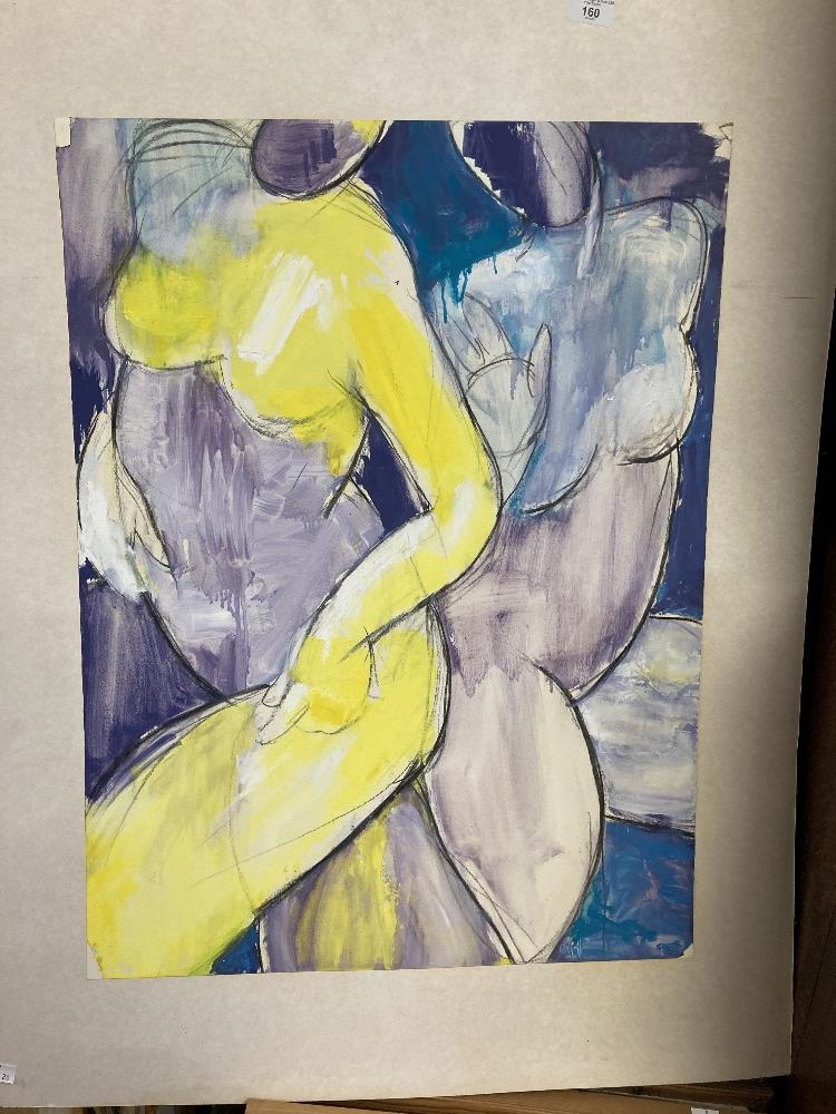 20th cent. British School watercolour and charcoal contemporary study of 2 nudes enhanced with