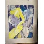 20th cent. British School watercolour and charcoal contemporary study of 2 nudes enhanced with