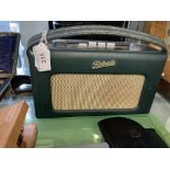 Roberts 'Revival' Radio, green leather case model no. R 250. Black and silver label to inside