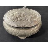 White Metal: Lidded oval dressing table pot with cover, stamped 800, with cover repousse classical