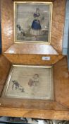 Textiles: 19th cent. Fine point needlework studies (2) in birds eye maple frames. 8ins. x 8ins.