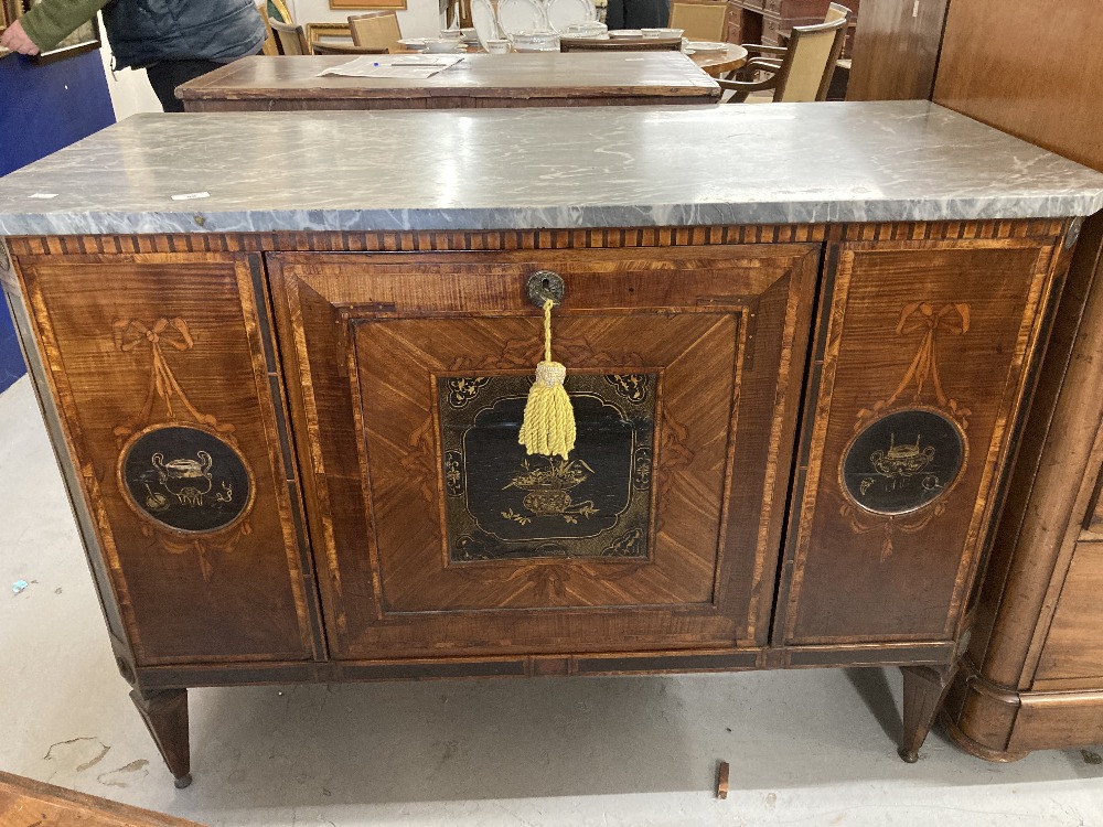 French Empire marble top sideboard with ebonised chinoiserie panels. 51ins.