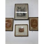 18th cent. Prints: Red aqua tints, Angelica Kauffman 'Comedy' and possibly 'Tragedy'. Framed and