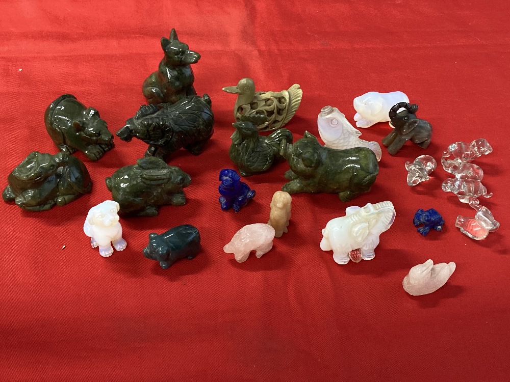 20th cent. Oriental carved soapstone and glass animals. Approx. 20.