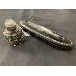 19th cent. Objects of Virtu: Cloisonné miniature inkwell, paper mâché and mother of pearl oval pen