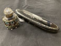 19th cent. Objects of Virtu: Cloisonné miniature inkwell, paper mâché and mother of pearl oval pen