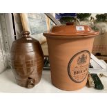 20th cent. Ceramics: Terracotta bread bin and cider barrel plus a miniature Dominoes set and a