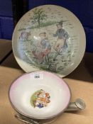 Early 20th cent. Nursery Ceramics: Staywarm dish, pink with transfer print of children at play,