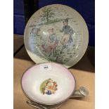 Early 20th cent. Nursery Ceramics: Staywarm dish, pink with transfer print of children at play,