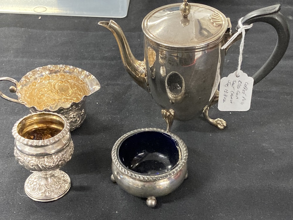 Hallmarked Silver: Bachelor coffee pot, egg cup, cream jug, and salt, various hallmarks. Total