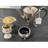 Hallmarked Silver: Bachelor coffee pot, egg cup, cream jug, and salt, various hallmarks. Total