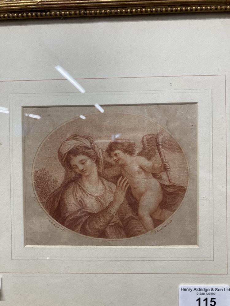 18th cent. Prints: Red aqua tints, Angelica Kauffman 'Comedy' and possibly 'Tragedy'. Framed and - Image 4 of 4